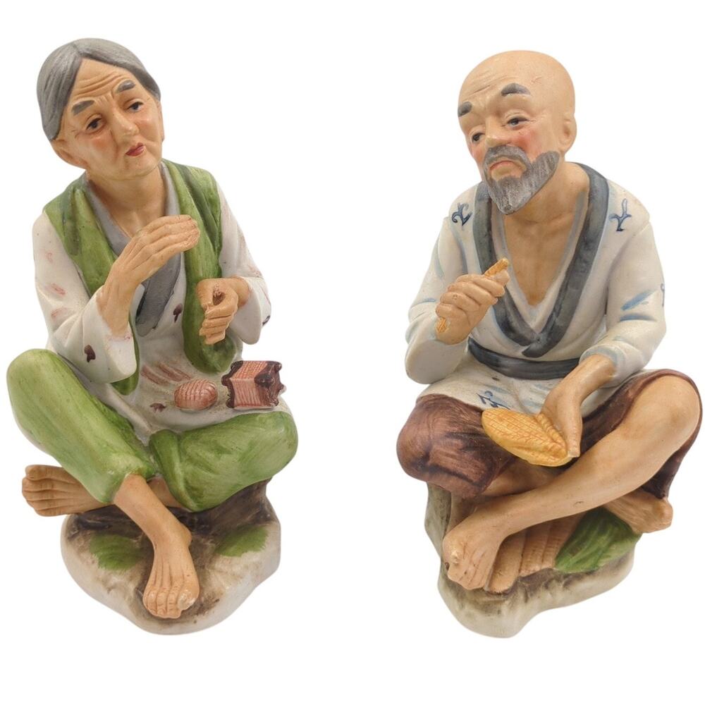 Vintage Asian Ceramic Figurines Old Man & Woman Farmer Pair Hand Painted